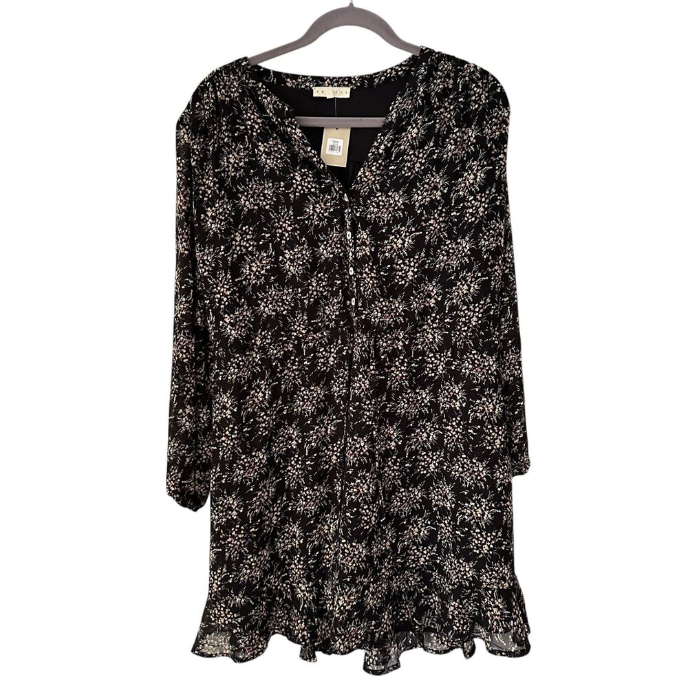 Promesa Black and Pink Floral Polyester V-Neck Button Up‎ Baby Doll Dress Size M